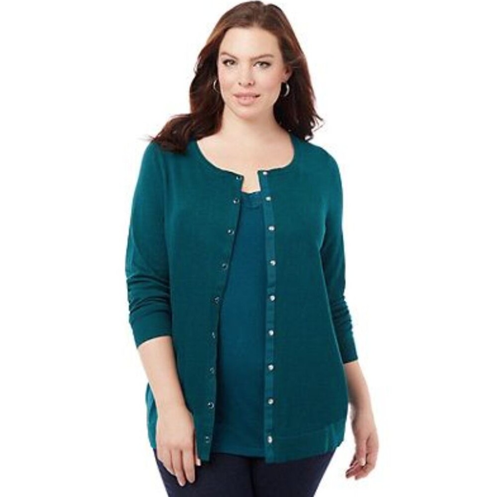 Catherines Women's Plus Size the Timeless Knit Cardigan Teal 2x Snap Long Sleeve